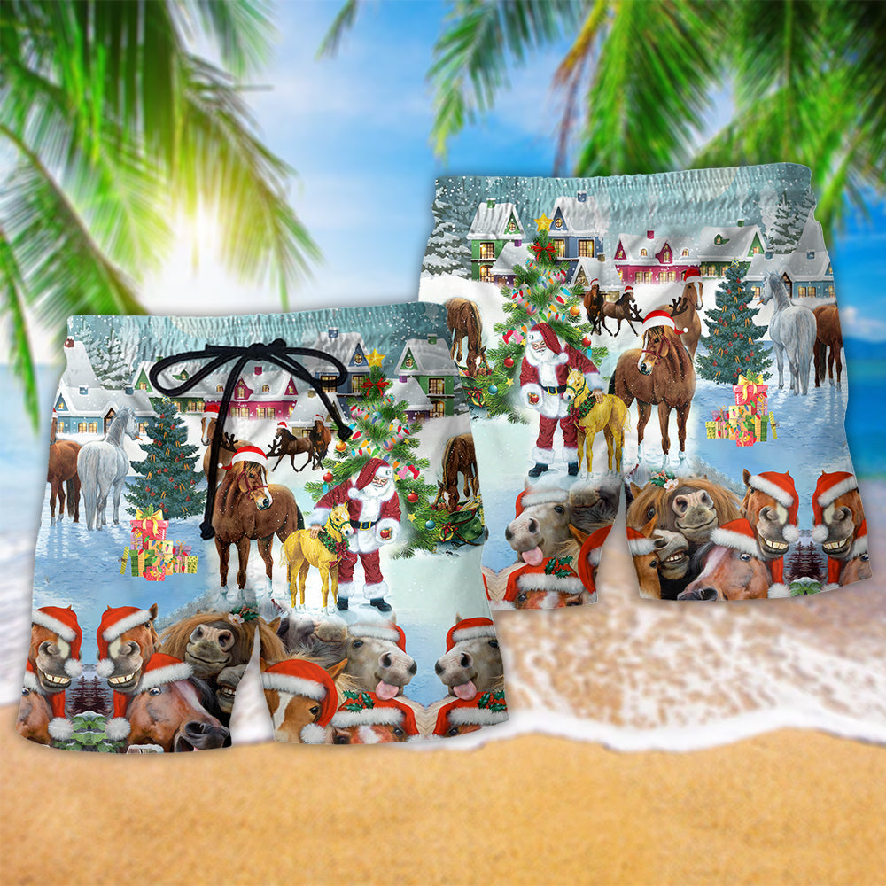 Merry Christmas Horse Beach Shorts Pattern Detail For Everyday Outings And Easy Warm Weather Wear