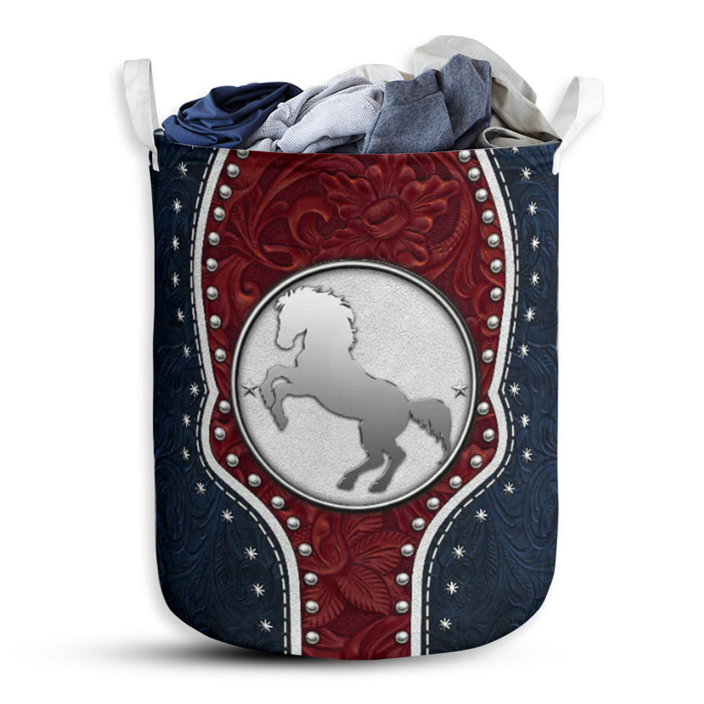 Horse Navy Leather Blue And Red Laundry Basket For Bathroom Bedroom Storage