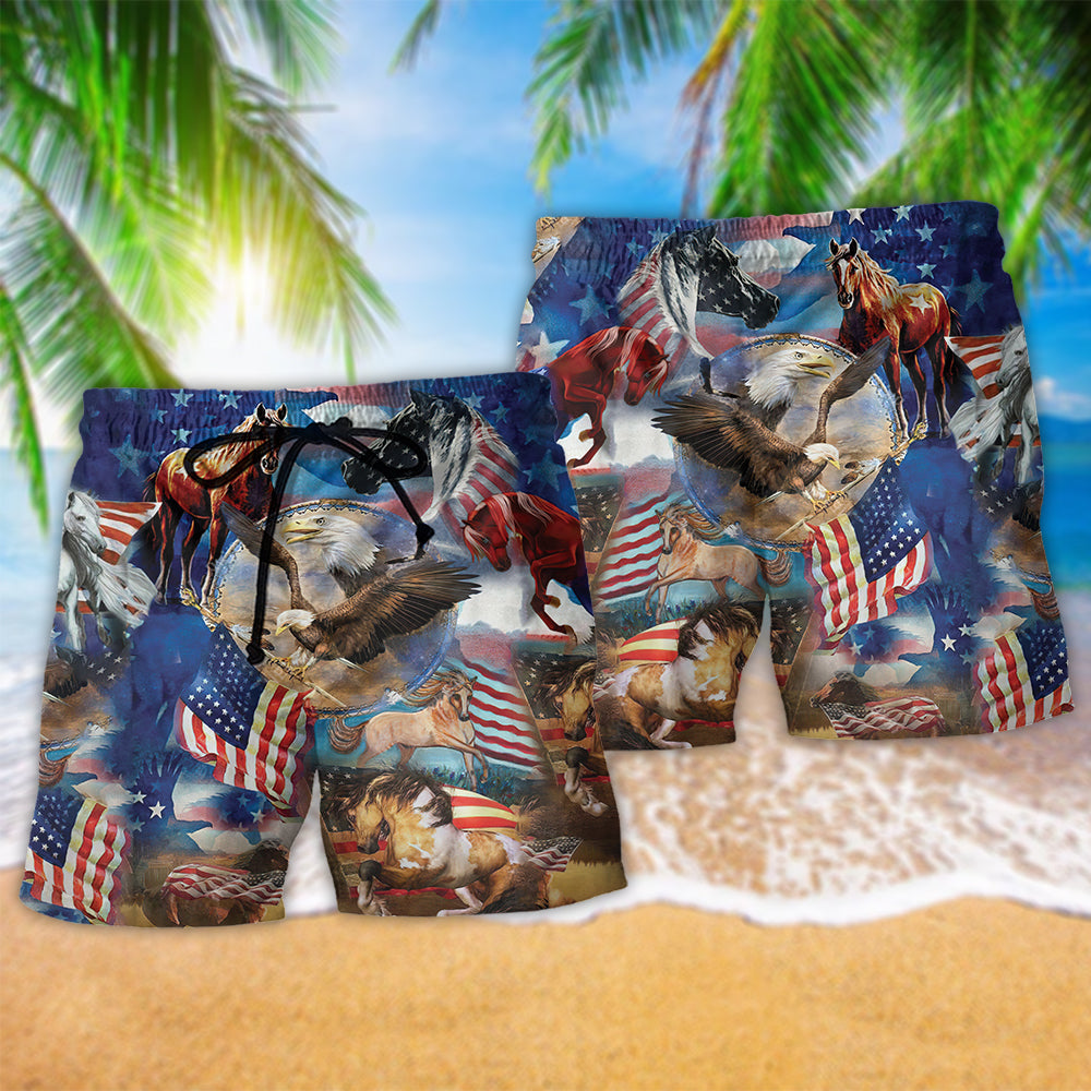 Horse Patriotic America Flag Hawaiian Print Beach Shorts For Coastal Travel And Celebrations