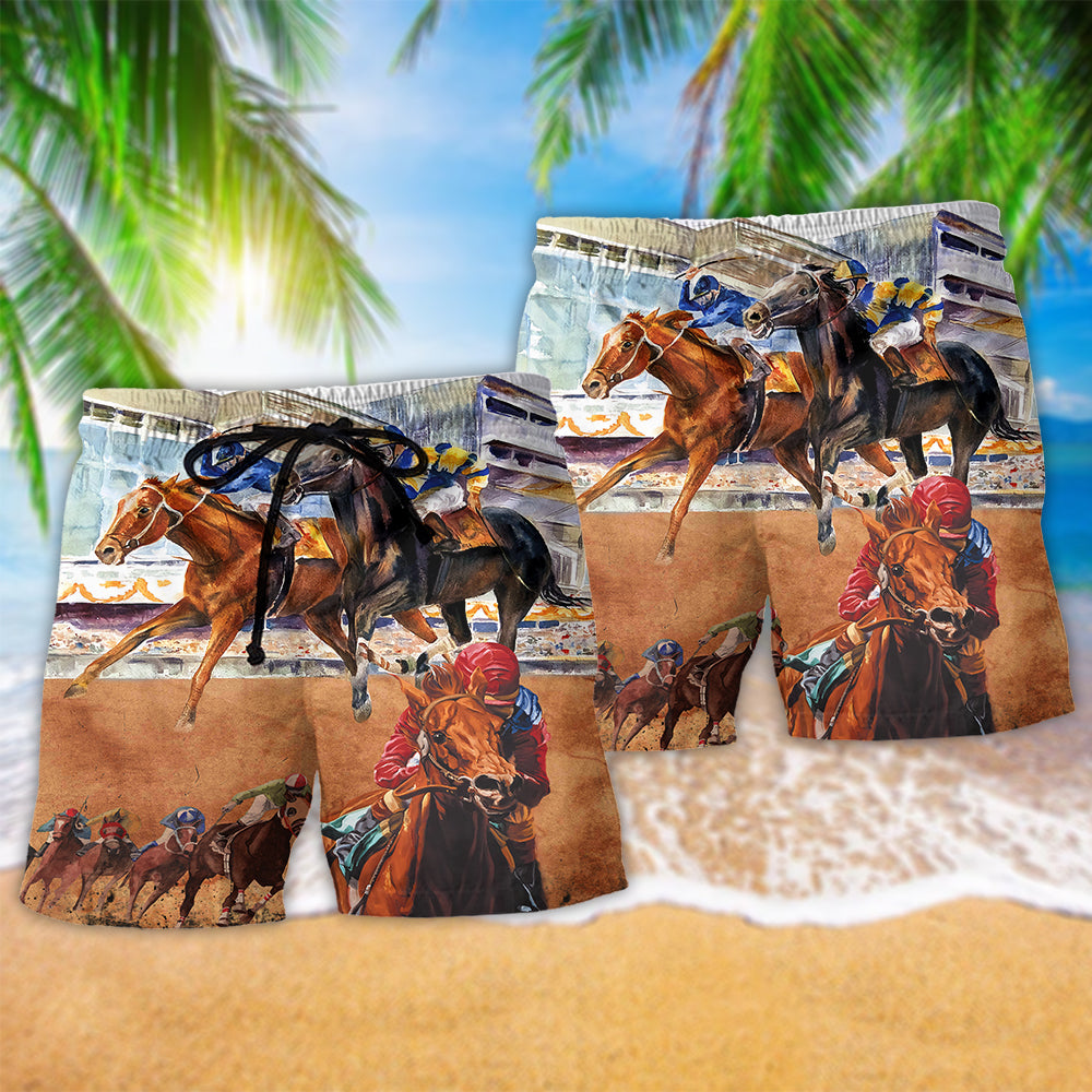 Horse Racing So Amazing Hawaiian Print Beach Shorts For Coastal Drives And Casual Style