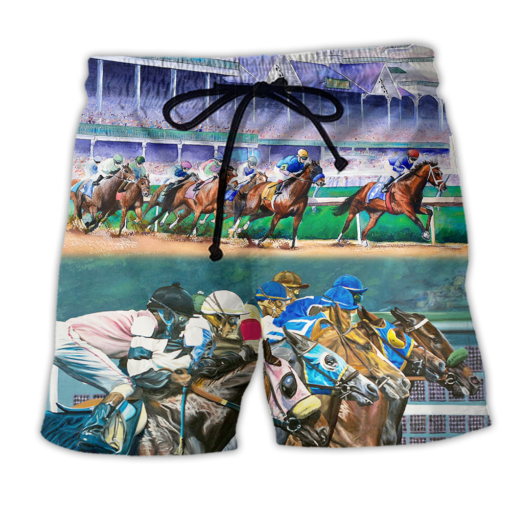 Horse Racing Beach Shorts Pattern View For Outdoor Adventures And Weekend Trips