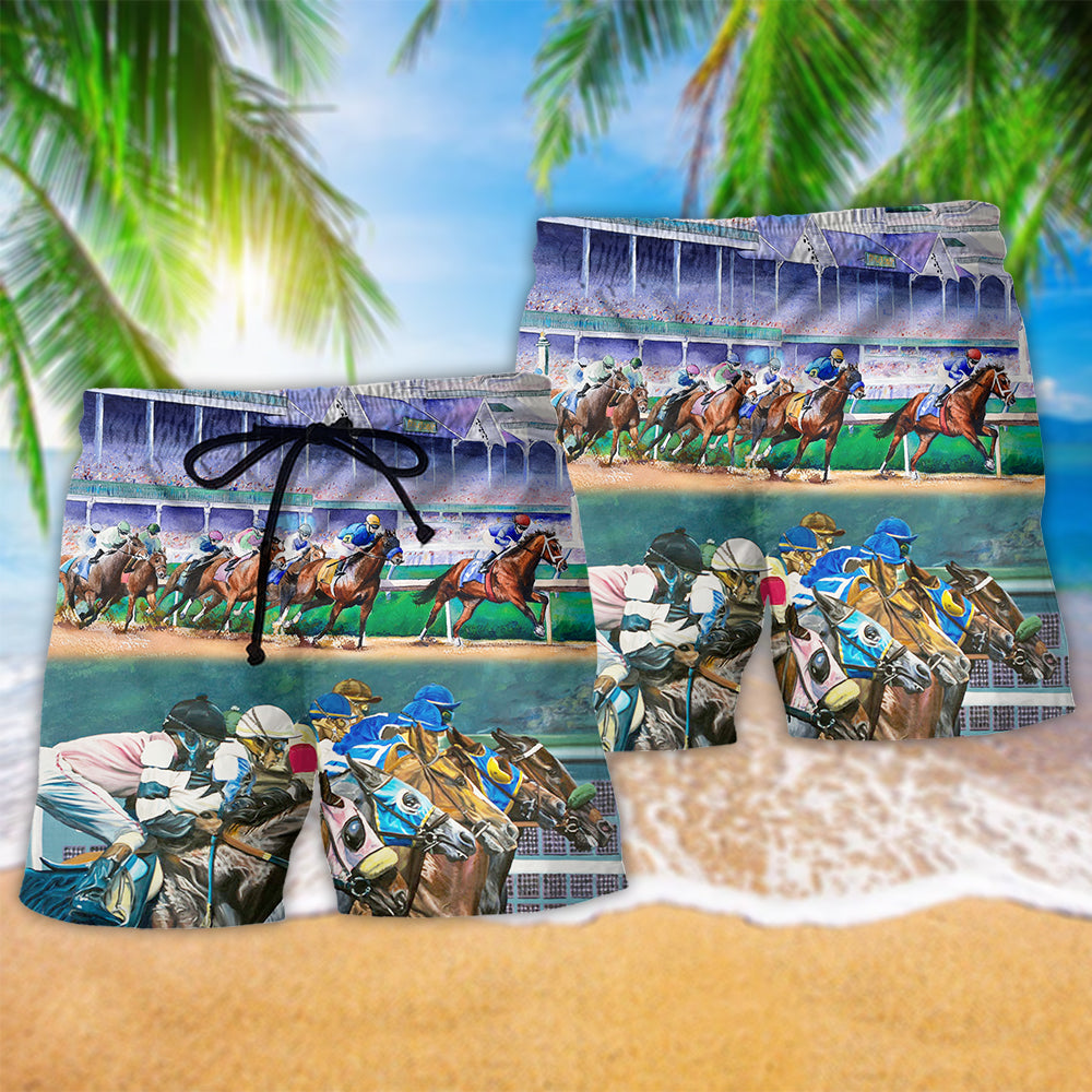 Horse Racing Beach Shorts Pattern Detail For Poolside Fun And Bright Seasonal Outfits