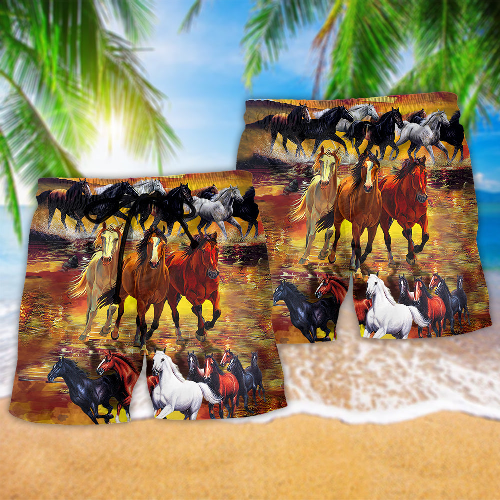 Horse Run Classic Style Hawaiian Print Beach Shorts For Pet Lover Outdoor Comfort