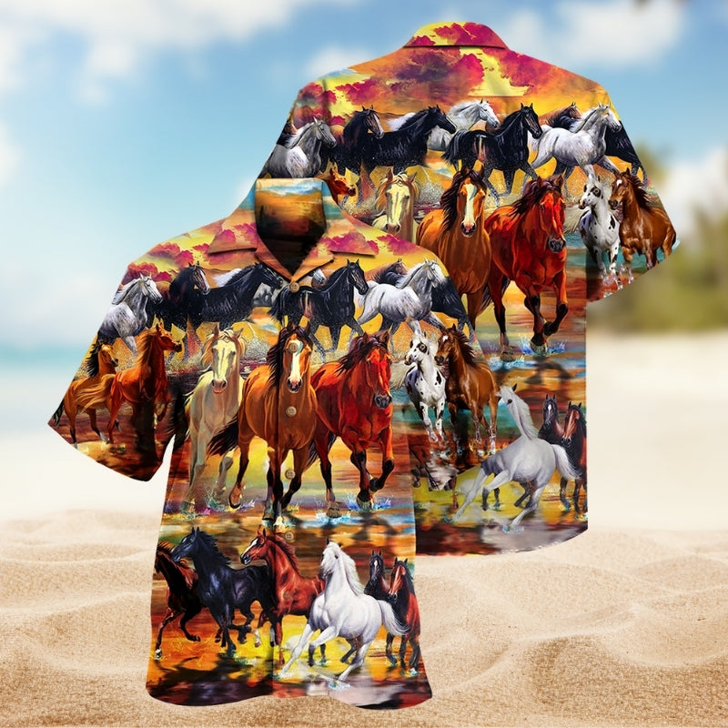 Horse Run Hawaiian Shirt For Island Vacations, Weekend Events, And Relaxed Everyday Outfits