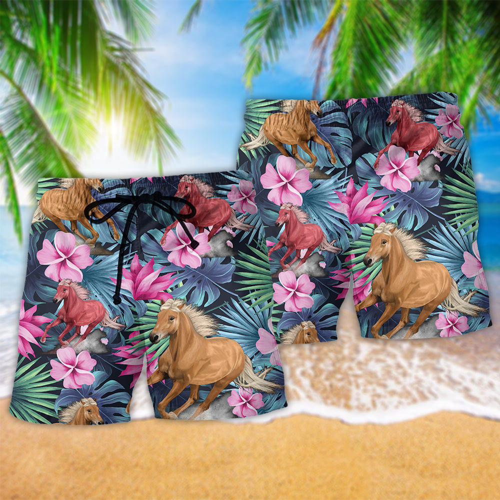 Horse Tropical Floral Summer Beach Shorts Pattern Detail For Relaxed Warm Weather Outfits