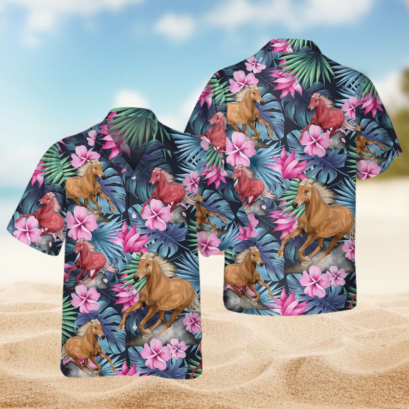 Tropical Summer Horse Hawaiian Shirt For Animal Lovers, Beach Travel, And Casual Summer Style