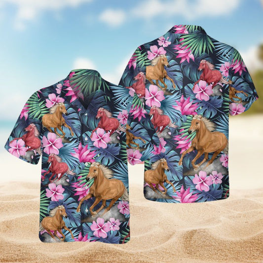 Tropical Summer Horse Hawaiian Shirt For Animal Lovers, Beach Travel, And Casual Summer Style