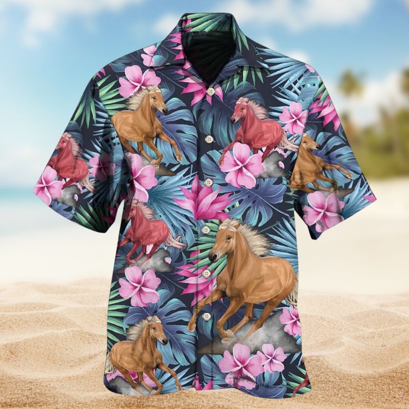 Tropical Summer Horse Hawaiian Shirt For Animal Lovers, Beach Travel, And Casual Summer Style