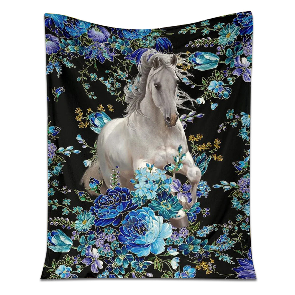 Horse White Horse Blue Flower Flannel Blanket For Cozy Bedroom Sofa Decor