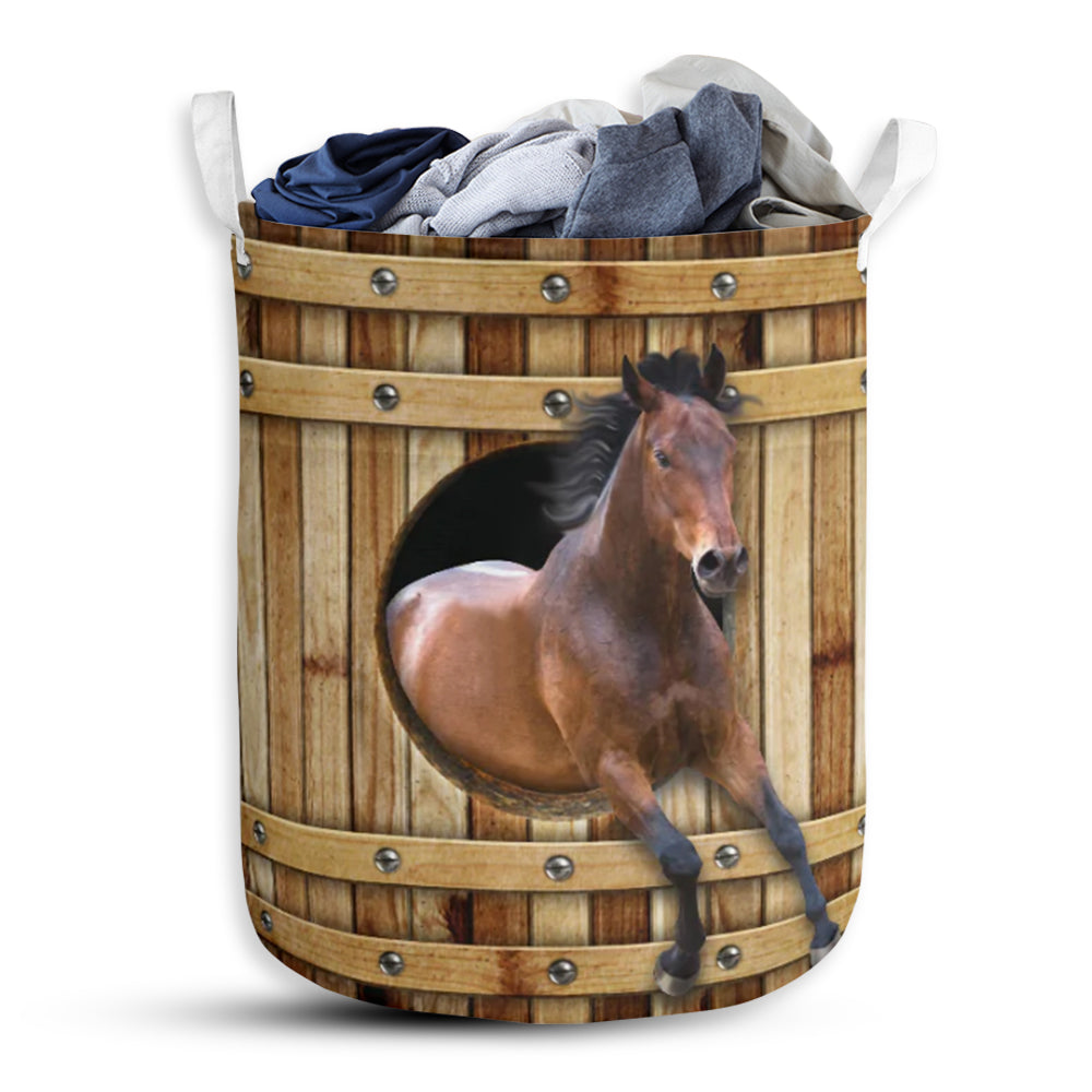 Horse Wooden Barrel Laundry Basket For Bathroom Bedroom Storage