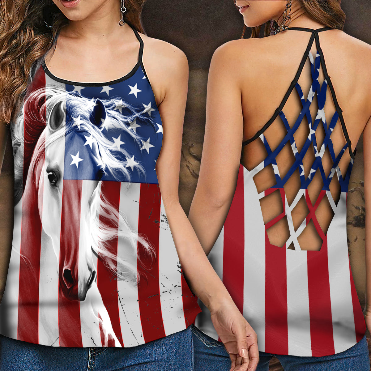 Horse America Patriotic Spirit Hollow Tank Top For Yoga Workouts And Festival Wear
