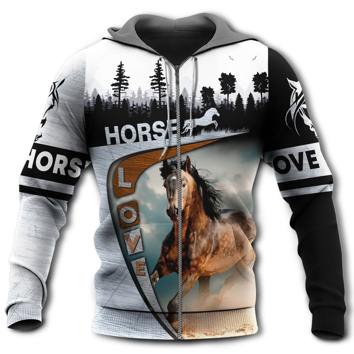 Black Horse Love Forest Hoodie For Western Events Outdoor Activities And Everyday Styling