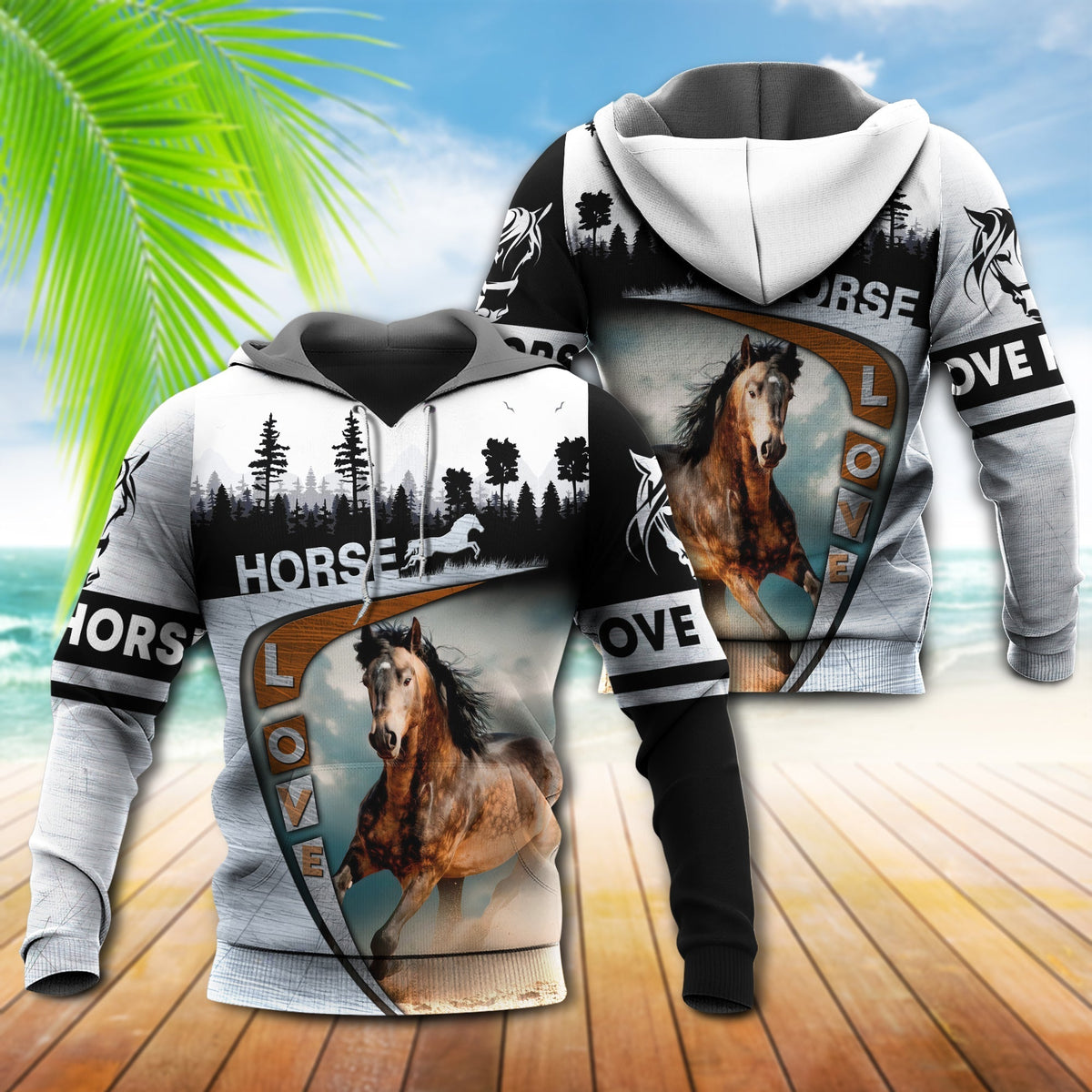 Black Horse Love Forest Hoodie For Western Events Outdoor Activities And Everyday Styling