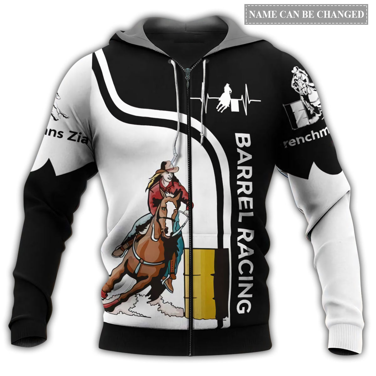 Black White Horse Racing Personalized Hoodie For Western Events Outdoor Activities And Everyday Styling