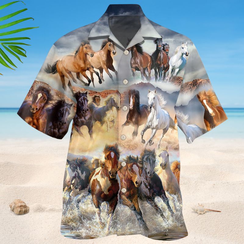Horse Running Hawaiian Shirt For Coastal Travel, Casual Events, And Comfortable Summer Wear