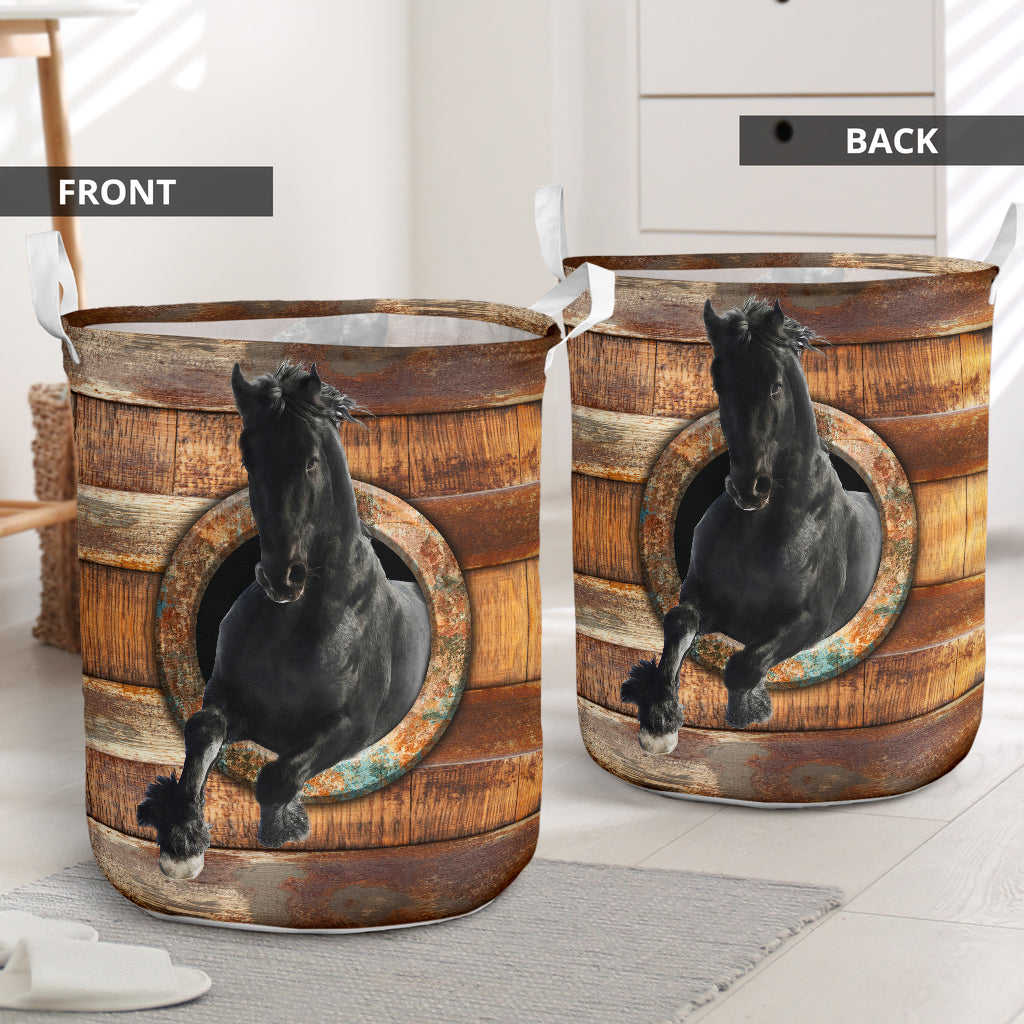Horse Black Wood Vintage Laundry Basket For Room Home Organizer