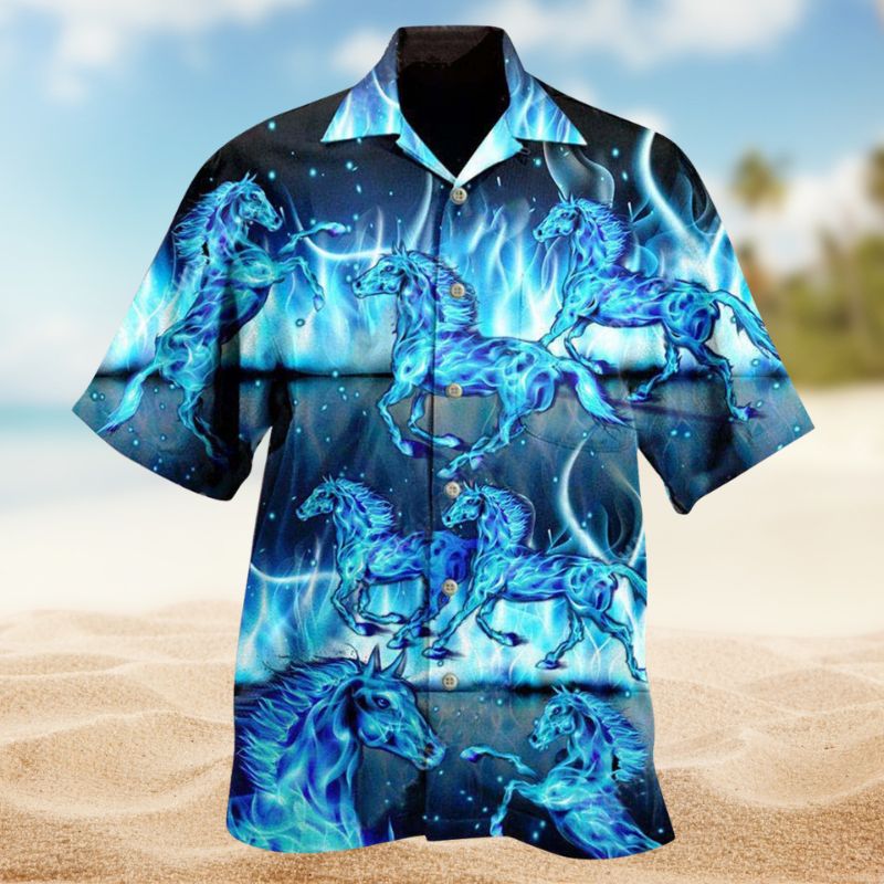 Horses Burning Blue Hawaiian Shirt For Beach Days, Summer Outings, And Thoughtful Gift Giving