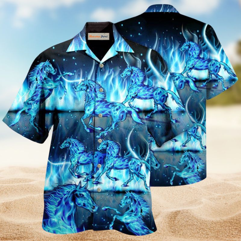 Horses Burning Blue Hawaiian Shirt For Beach Days, Summer Outings, And Thoughtful Gift Giving