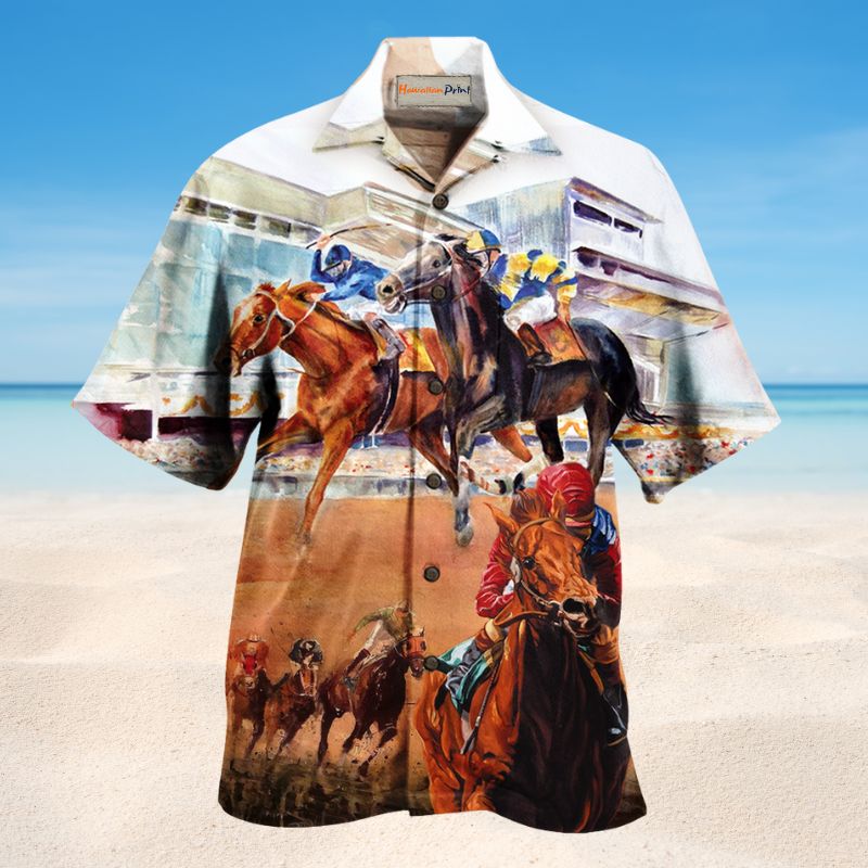Horses Racing Vibrant Hawaiian Shirt For Summer Vacation, Beach Travel, And Casual Wear