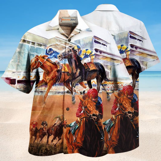 Horses Racing Vibrant Hawaiian Shirt For Summer Vacation, Beach Travel, And Casual Wear