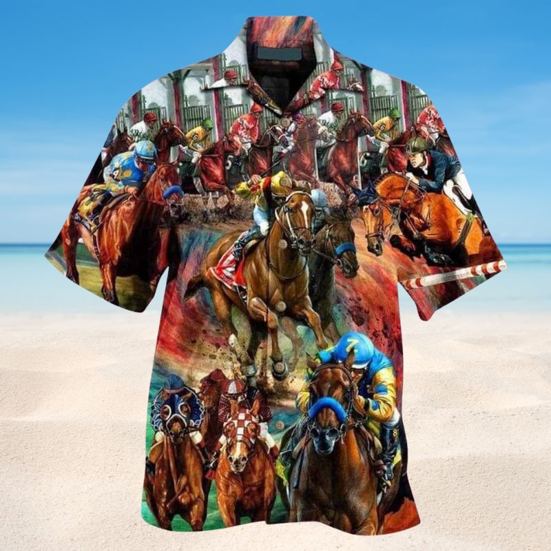 Colorful Horses Racing Hawaiian Shirt For Summer Vacation, Beach Travel, And Casual Wear