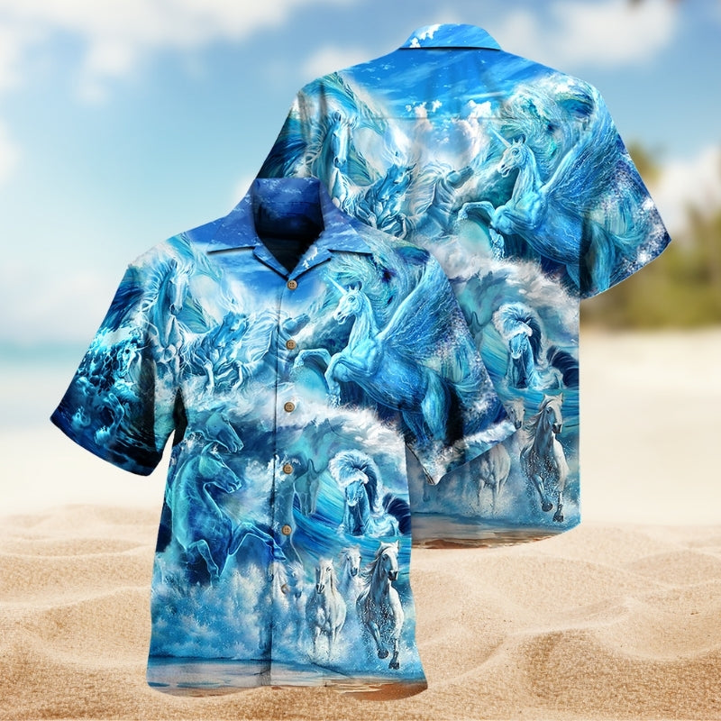 Horses Run Sea Free Soul Hawaiian Shirt For Coastal Travel, Casual Events, And Comfortable Summer Wear