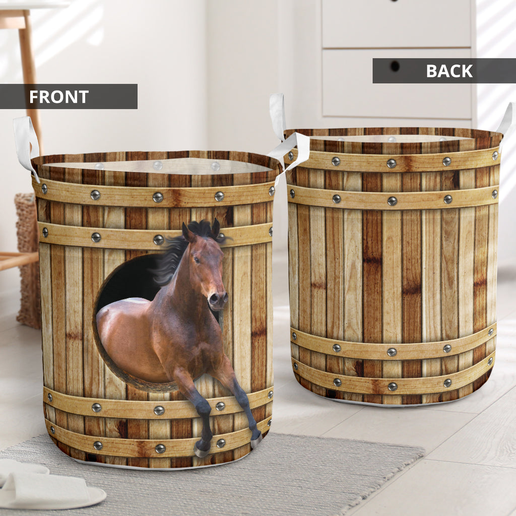 Horse Wooden Barrel Laundry Basket For Room Home Organizer