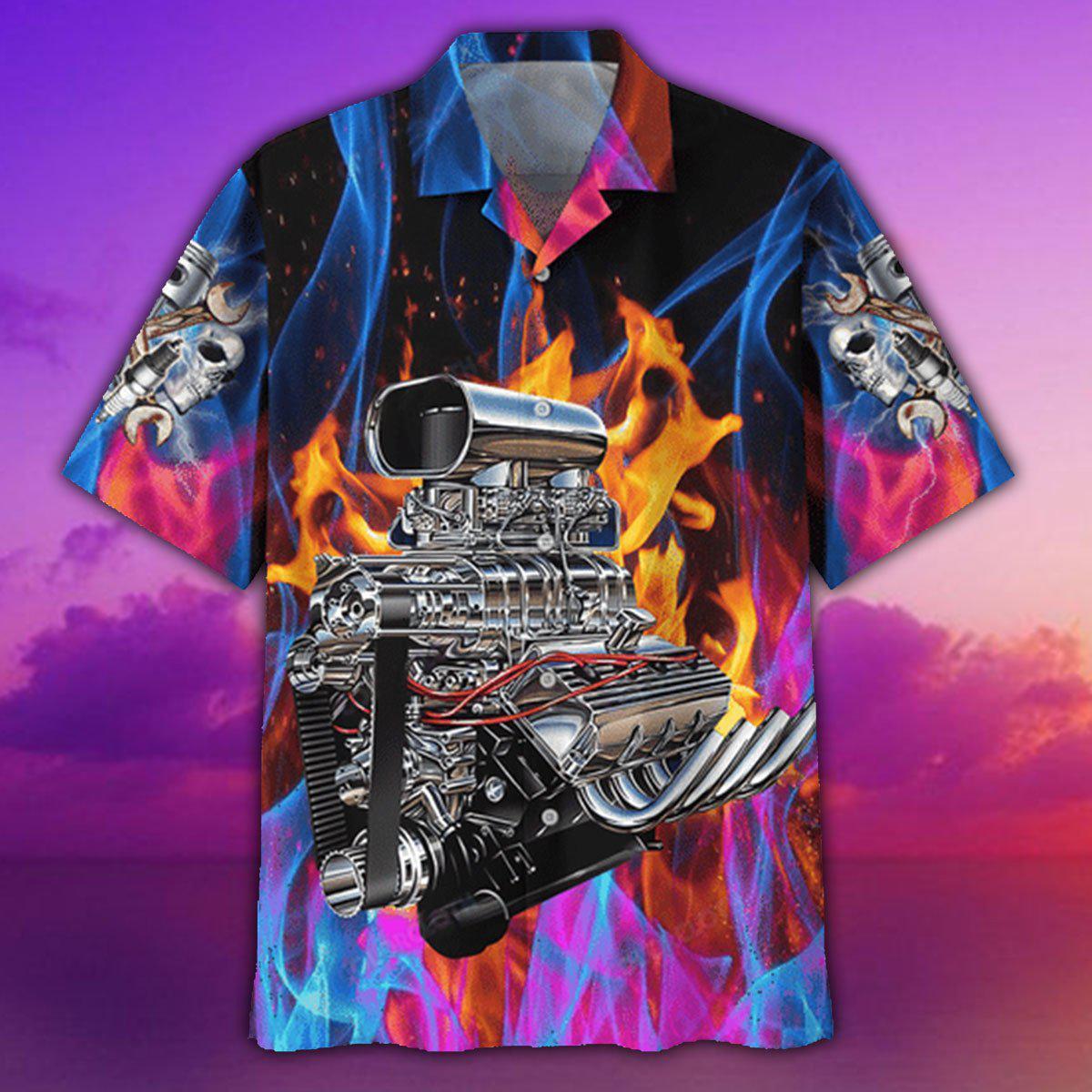 Hot Rod Fire Hawaiian Shirt Pattern View For Relaxed Warm Weather Outfits