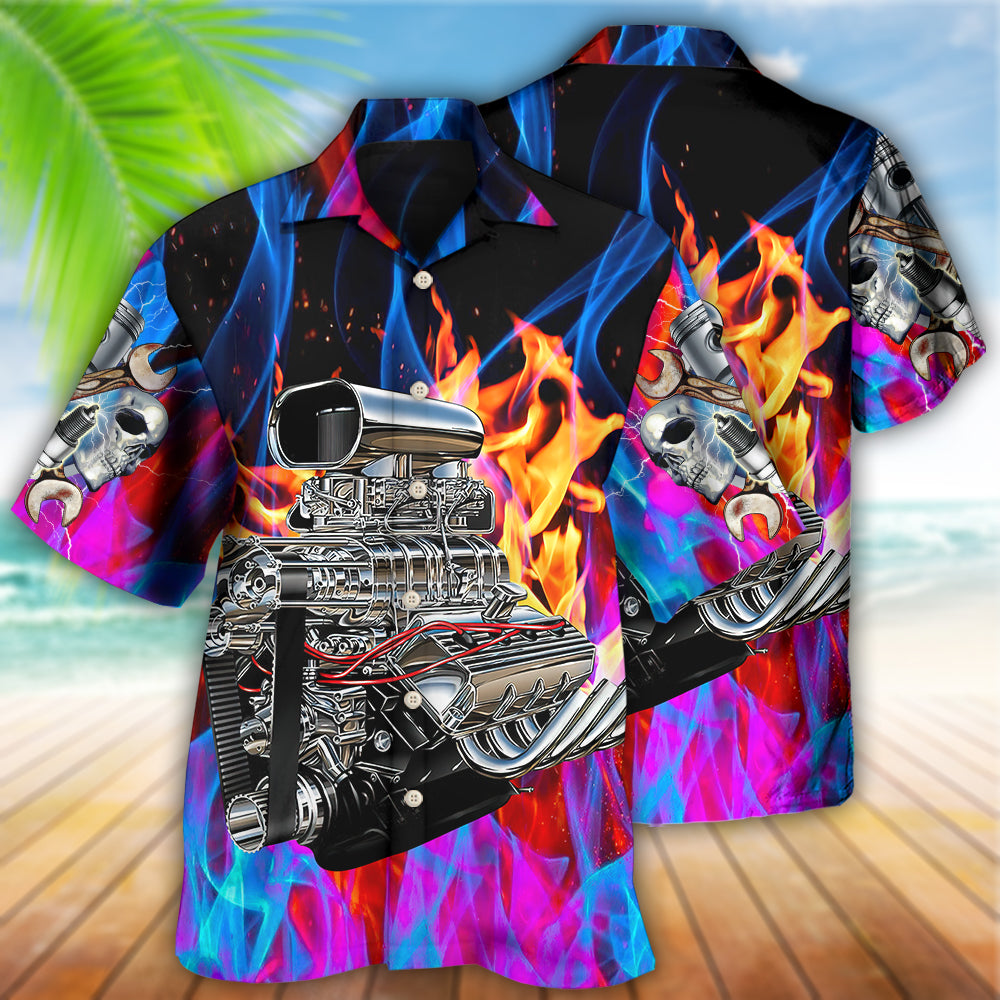 Hot Rod Fire Hawaiian Shirt Artwork Detail For Resort Trips And Outdoor Activities