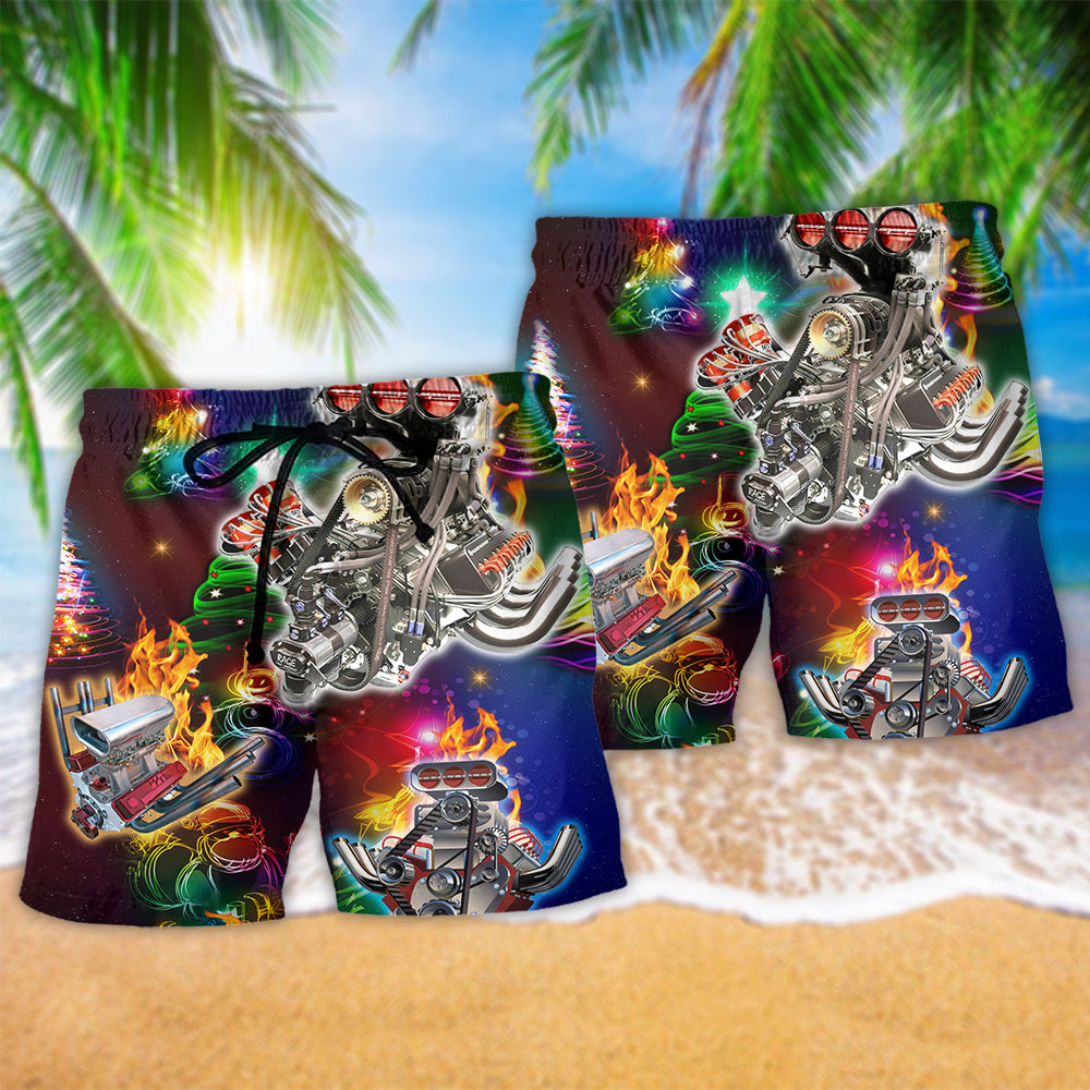 Hot Rod Christmas Tree Hawaiian Print Beach Shorts For Seasonal Summer Travel