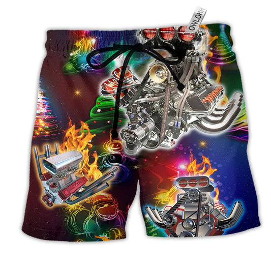 Hot Rod Christmas Tree Hawaiian Print Beach Shorts For Christmas Getaways