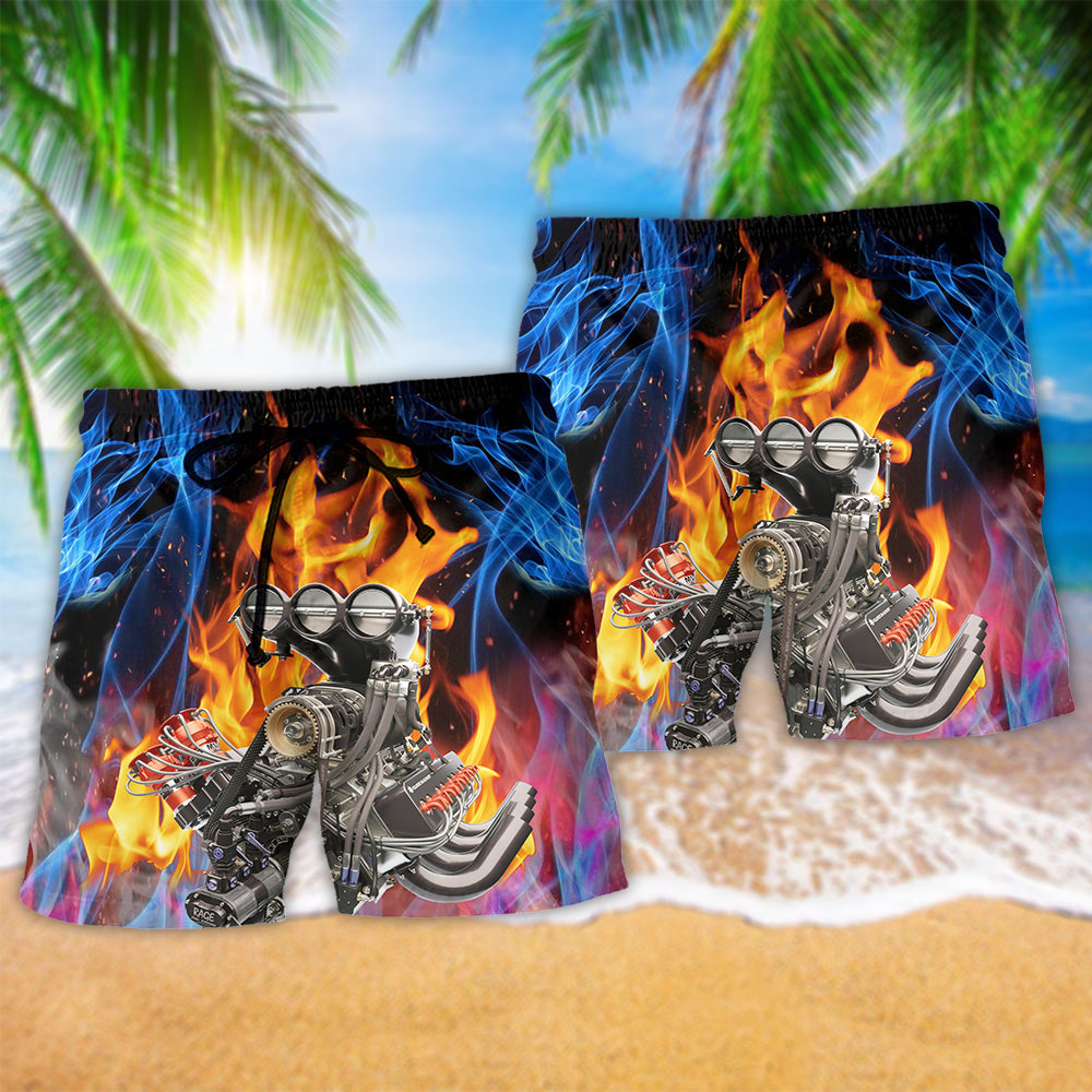 Hot Rod Fire Ride Beach Shorts Artwork Detail For Casual Warm Weather Outfits