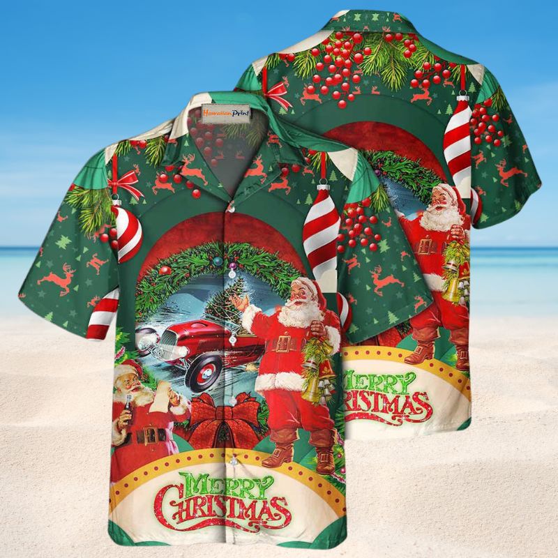 Festive Hot Rod Christmas Hawaiian Shirt For Island Vacations, Resort Wear, And Relaxed Seasonal Style