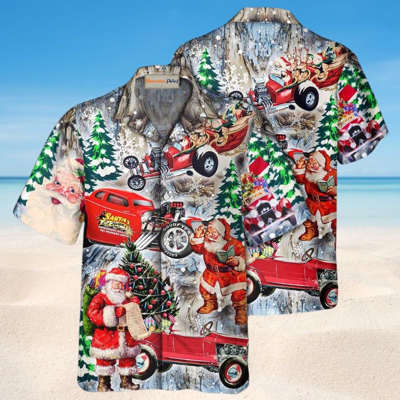 Festive Hot Rod Christmas Hawaiian Shirt For Holiday Parties, Tropical Vacations, And Festive Gift Giving