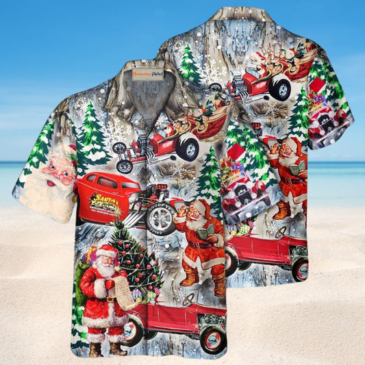 Festive Hot Rod Christmas Hawaiian Shirt For Holiday Parties, Tropical Vacations, And Festive Gift Giving
