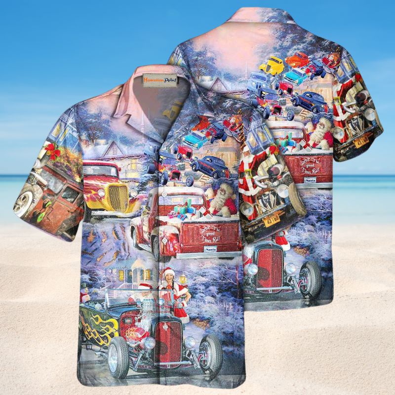 Festive Hot Rod Christmas Hawaiian Shirt For Coastal Travel, Casual Events, And Comfortable Summer Wear