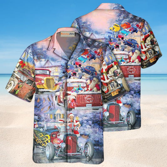 Festive Hot Rod Christmas Hawaiian Shirt For Coastal Travel, Casual Events, And Comfortable Summer Wear
