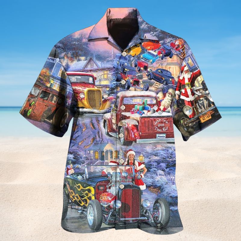 Festive Hot Rod Christmas Hawaiian Shirt For Coastal Travel, Casual Events, And Comfortable Summer Wear