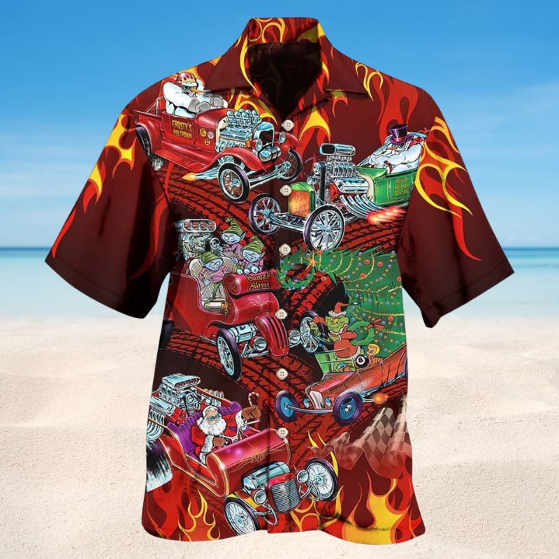 Festive Hot Rod Christmas Hawaiian Shirt For Beach Days, Summer Outings, And Thoughtful Gift Giving