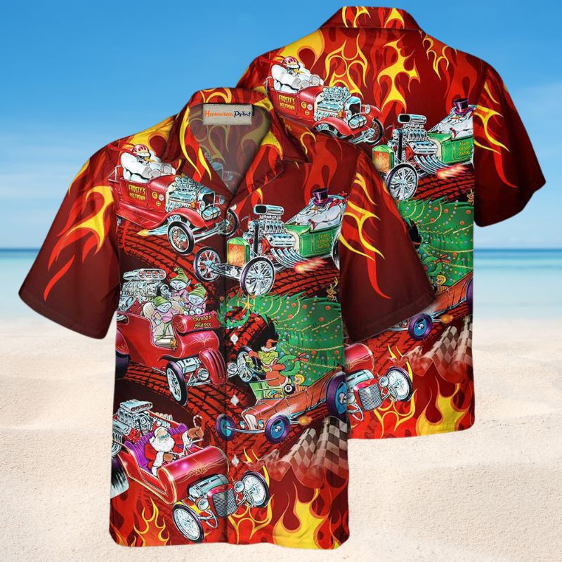 Festive Hot Rod Christmas Hawaiian Shirt For Beach Days, Summer Outings, And Thoughtful Gift Giving