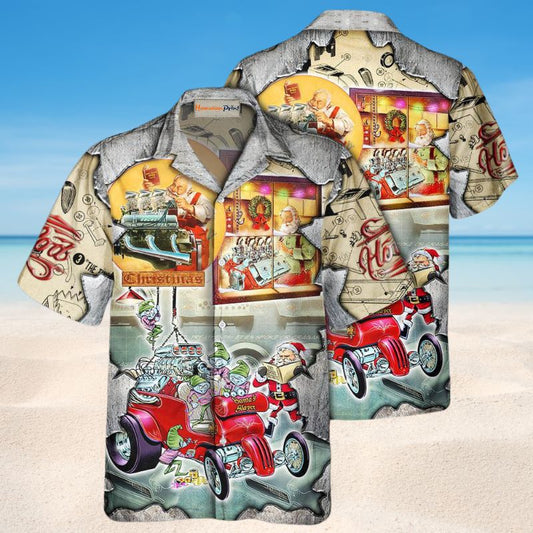 Festive Hot Rod Christmas Hawaiian Shirt For Tropical Holidays, Outdoor Gatherings, And Everyday Comfort