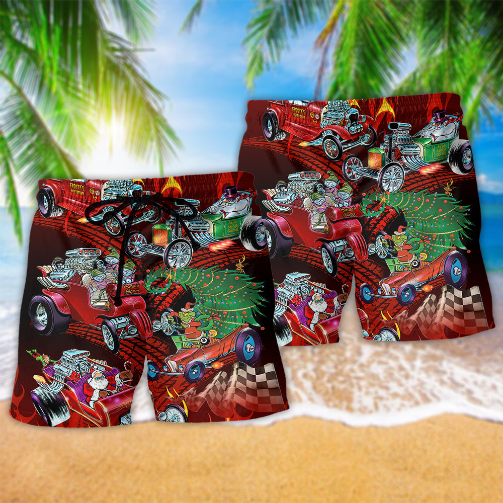 Hot Rod Merry Christmas Cool Hawaiian Print Beach Shorts For Festive Outdoor Style