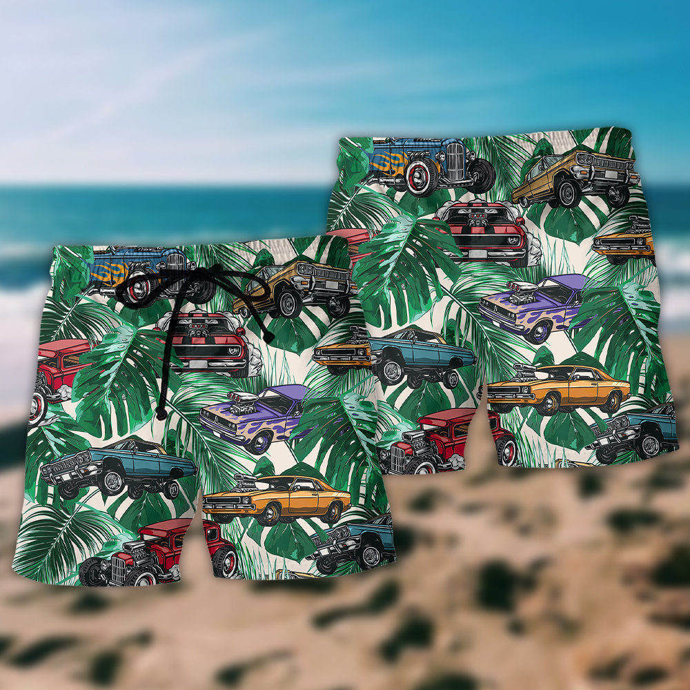 Hot Rod Tropical Leaf Beach Shorts Pattern View For Weekend Trips And Outdoor Activities