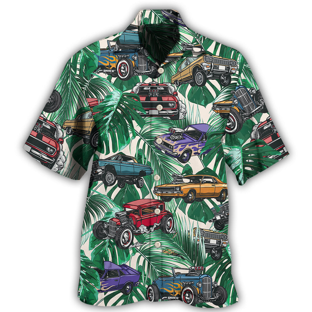 Tropical Hot Rod Leaf Pattern Hawaiian Shirt For Summer Vacation, Beach Travel, And Casual Wear