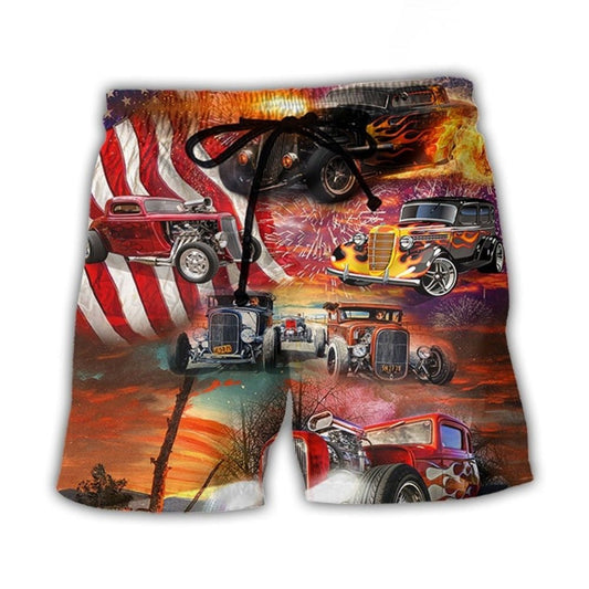 Hot Rod Independence Day Fireworks Beach Shorts Pattern View For Resort Days And Outdoor Activities