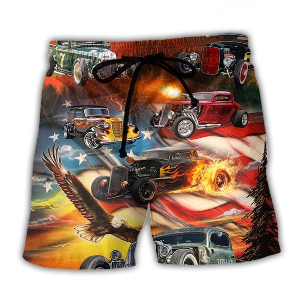 Hot Rod USA Flag Independence Day Beach Shorts Pattern View For Vacation Travel And Outdoor Fun