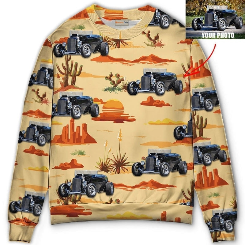 Hot Rod Vintage Cowboy Landscape Sweater For Automotive Fans Travel Events And Relaxed Casual Wear