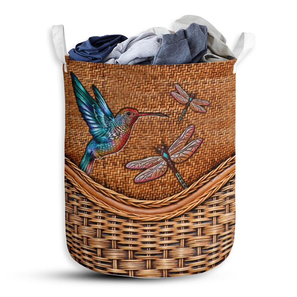 Hummingbird And Dragonfly Rattan Texture Laundry Basket For Bathroom Bedroom Storage