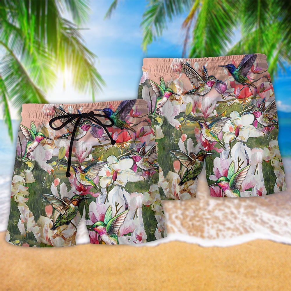 Hummingbird Blooming Magnolia Floral Hawaiian Beach Shorts For Island Getaways And Comfort