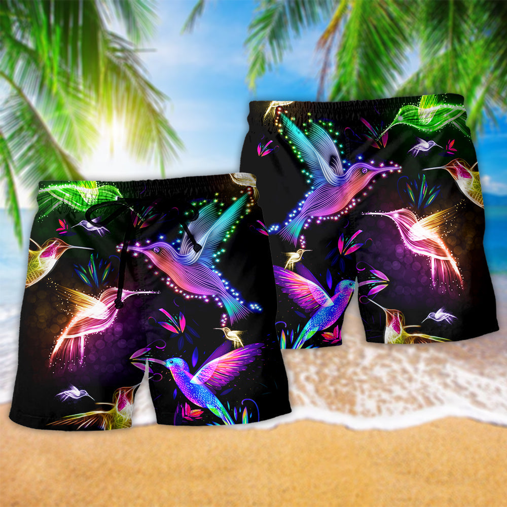 Hummingbird Night Flight Beach Shorts Pattern Detail For Outdoor Activities And Distinctive Seasonal Style